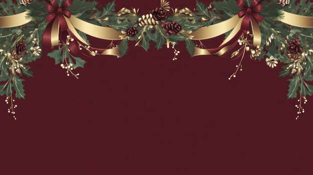 Red background, garland, ribbons, holiday, seasonal text. photo