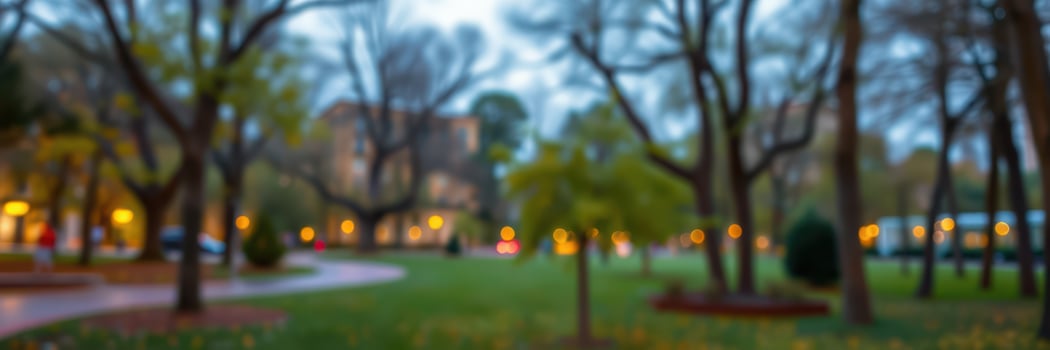 Evening stroll through a tranquil park with warm lights illuminating the trees and pathways during autumn photo