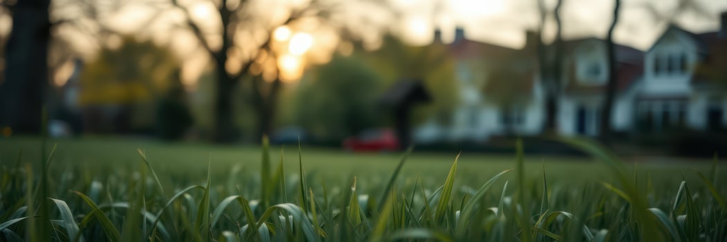 Green grass glistens in the glow of sunset near suburban houses in early evening photo
