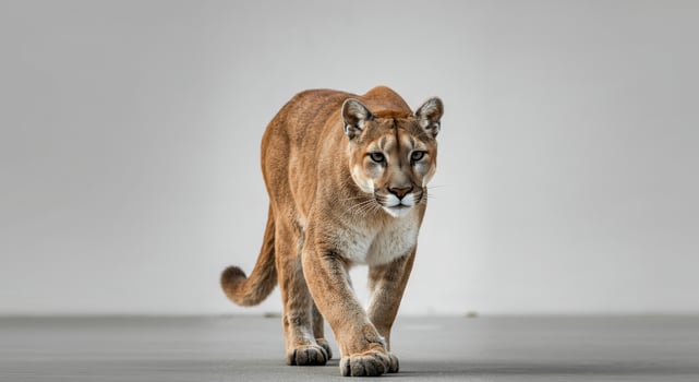 Majestic mountain lion stealthily walking on neutral gray background photo