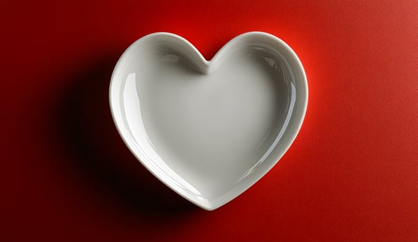 A white plate with a heart shape on it is placed on a red background. The heart shape is the main focus of the image, and the red background adds a sense of warmth and passion to the scene photo
