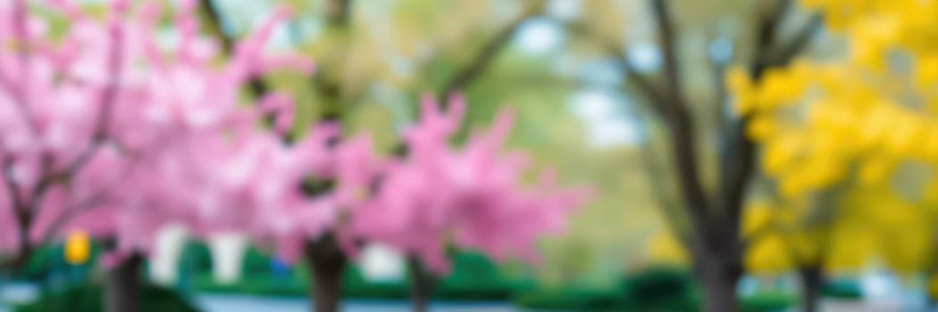 Blossoming cherry and yellow trees in a vibrant spring park setting during daytime photo