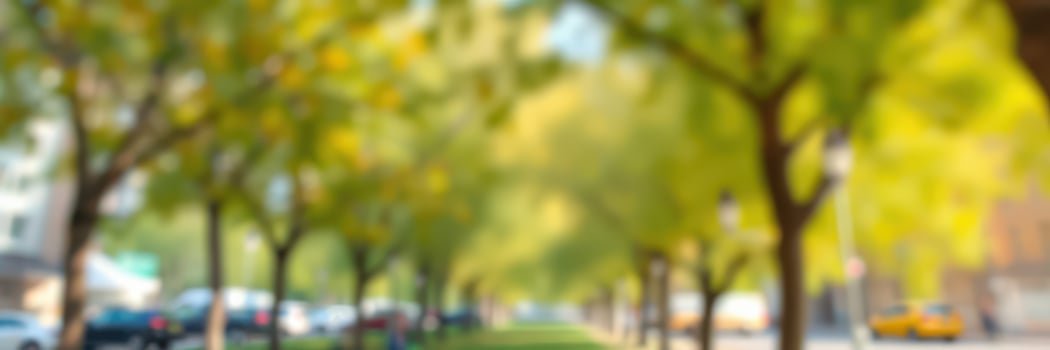 Vibrant trees line a sunny street in a bustling urban area during autumn with fading light photo
