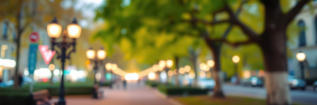 Softly illuminated pathway lined with trees and vintage street lamps in a bustling city during twilight photo