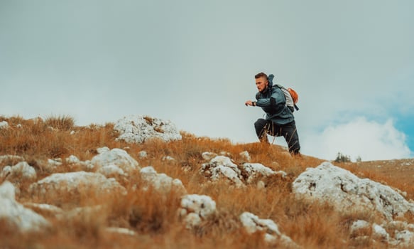A hiker man hiking trail mountain, sport outdoor. photo