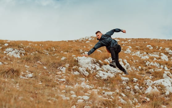 A male hiker hiking trail mountain, adventure sports outdoor. photo