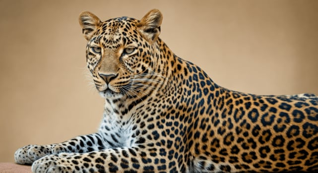 Majestic leopard resting against neutral background in natural habitat photo