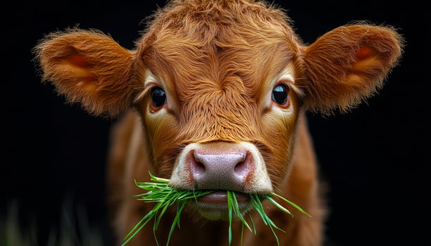 Cute calf chewing grass in a natural setting. A young calf stands calmly, chewing on fresh grass against a dark background, showcasing its playful nature. photo