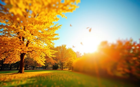 Vibrant autumn afternoon in a tranquil park with golden trees and soft sunlight photo