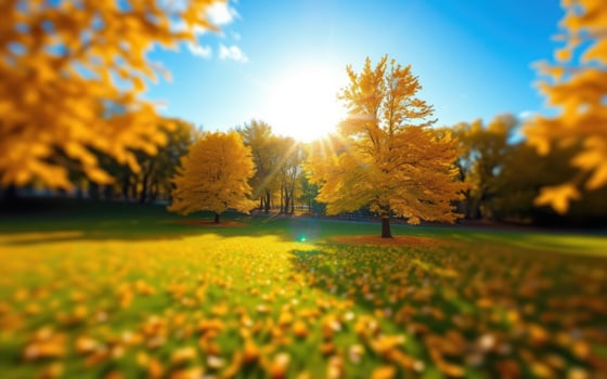 Vibrant autumn landscape with golden foliage and sunlight illuminating a peaceful park setting photo