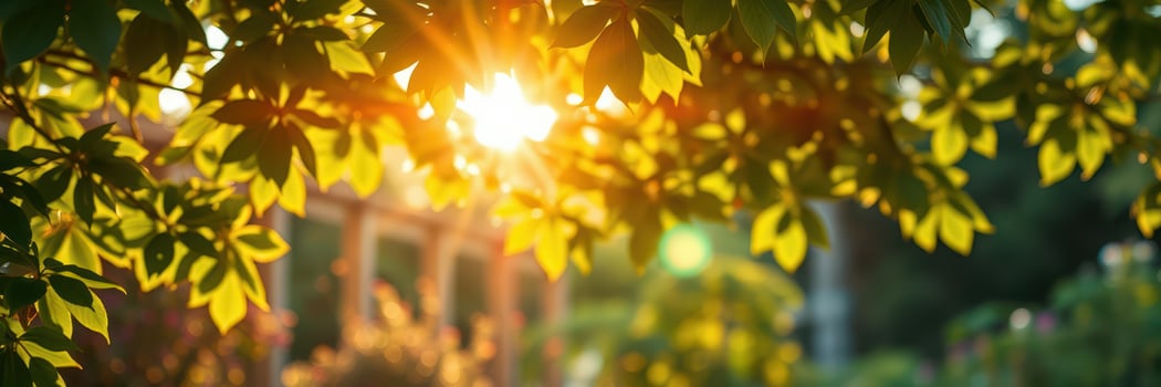 Sunlight filters through green leaves creating a warm, tranquil atmosphere in a serene outdoor setting during golden hour photo