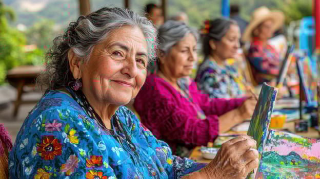Mexican retirees painting outdoors, colorful clothes and vibrant creativity. Active retirees enjoying life photo