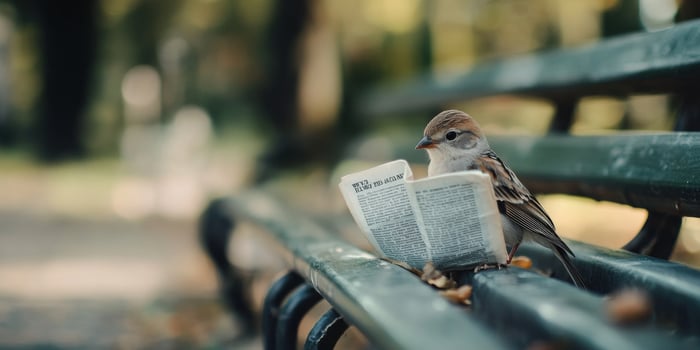 A charming little sparrow enjoying a leisurely afternoon by reading a newspaper on a park bench photo