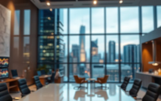 Modern office space with city skyline view during twilight hours showcasing a professional meeting environment photo