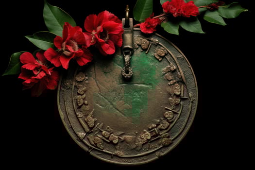 Antique clock with red flowers photo
