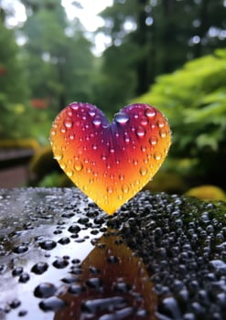 Colorful heart shaped water droplets on a leaf photo