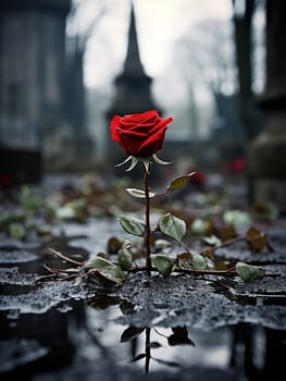 Solitary Red Rose in Rainy Landscape photo