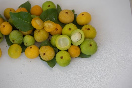 Ripe edible wild fruit from the Brazilian cerrado biome, fruit known as cagaita Stenocalyx dysentericus of the Magnoliopsida class and the Myrtaceae family. photo