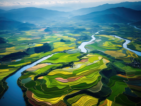 Aerial view of lush green and yellow agricultural fields photo