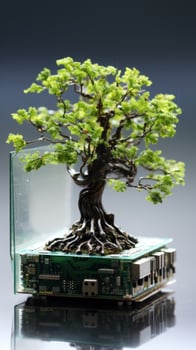 Miniature bonsai tree growing on computer circuit board photo