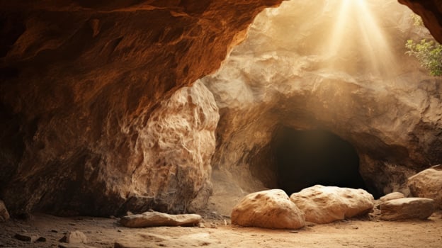 Sunlit cave with rocky formations photo