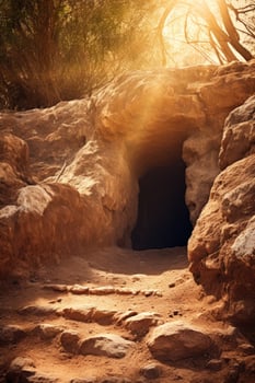 Mysterious cave entrance in the desert photo