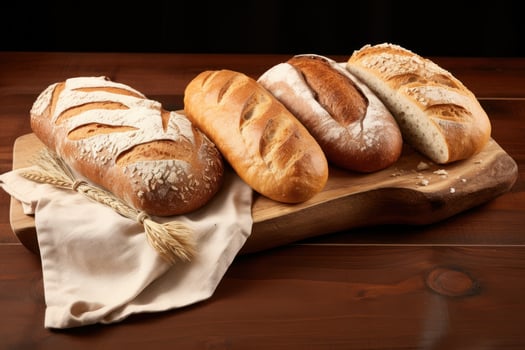 Assortment of freshly baked bread on wooden table photo
