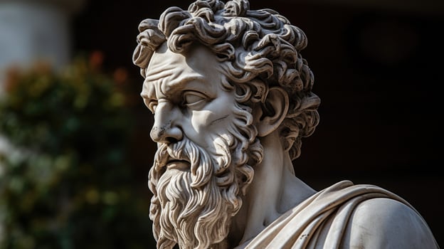 Weathered stone statue of a bearded man with curly hair photo