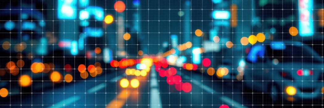 Urban night traffic creates a colorful blur of lights and movement in a bustling city environment photo