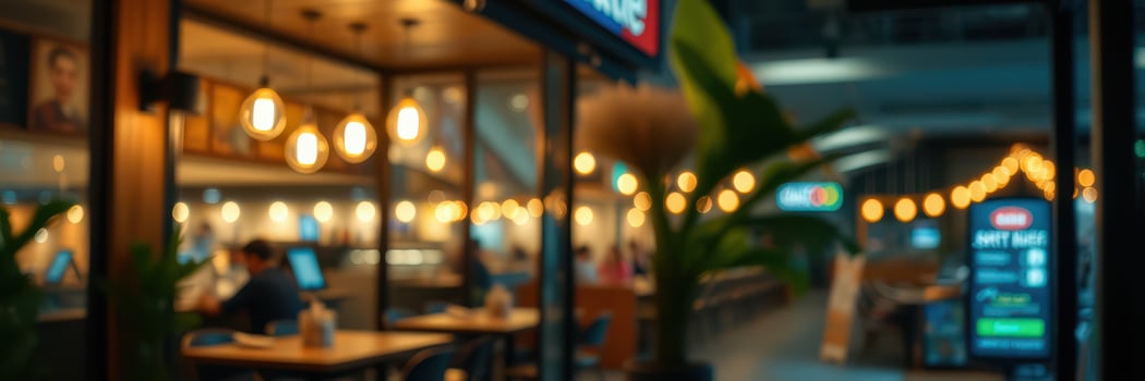 Cozy cafe interior with warm lighting and modern decor in a bustling urban setting during evening hours photo