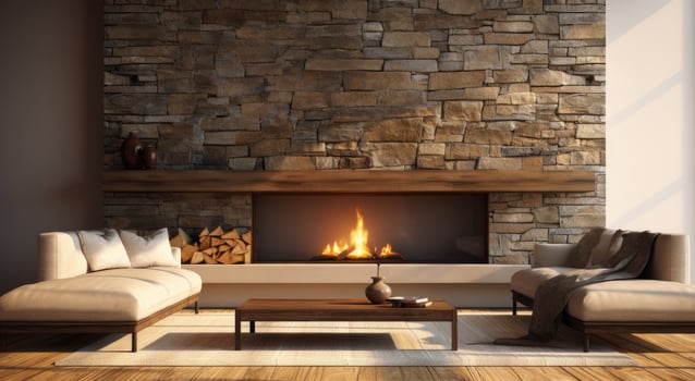 Cozy Living Room with Fireplace and Stone Wall photo