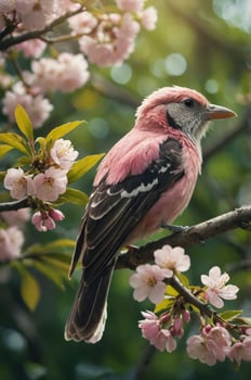 A pink bird perched on a branch surrounded by blooming flowers. photo