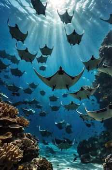 A mesmerizing underwater scene featuring a school of manta rays gliding through sunlit waters. photo