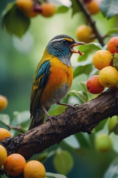 A vibrant bird perched on a branch among colorful fruits in a lush environment. photo