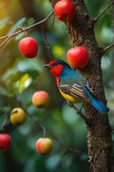 A colorful bird perched on a tree branch surrounded by red and green apples. photo