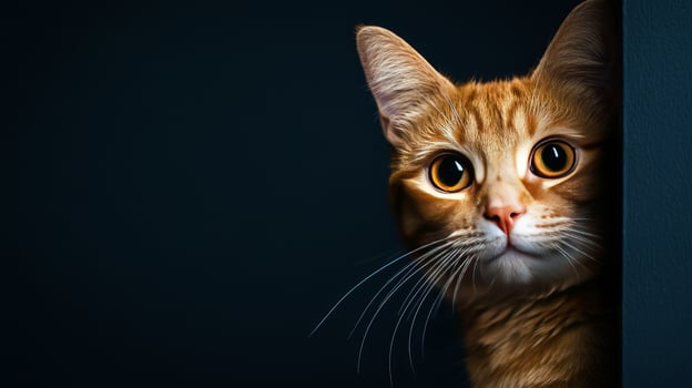 An orange cat peeking out from behind a wall photo