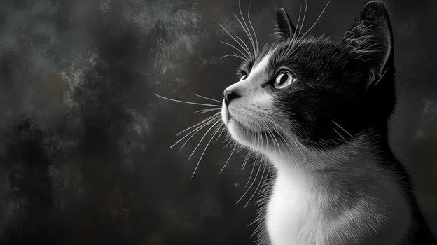 Black and white cat looking up at the sky photo