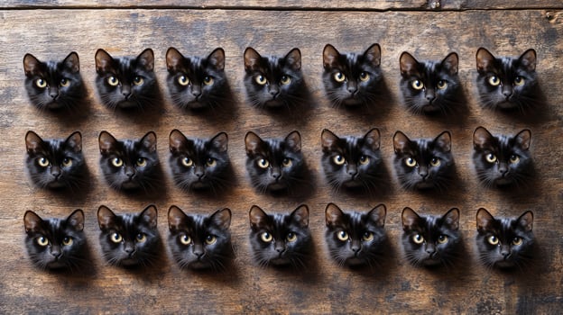 A large group of black cats are arranged in a row photo
