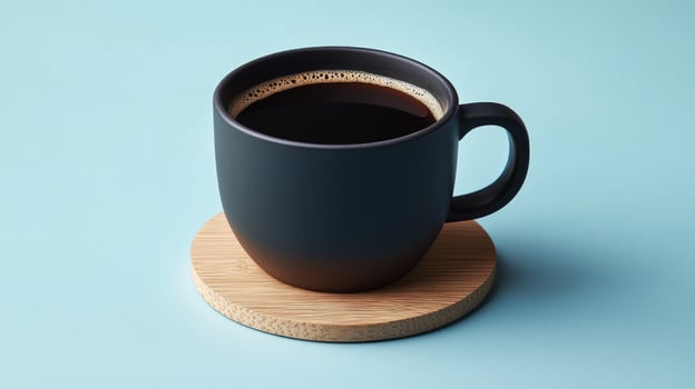 A black coffee cup on a wooden coaster photo