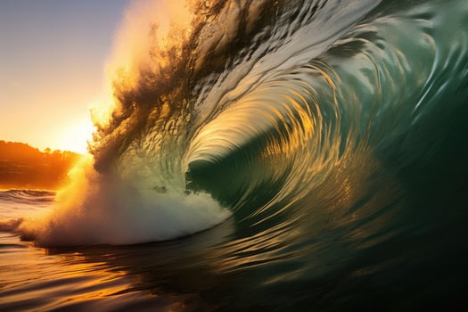 Powerful ocean wave at sunset photo