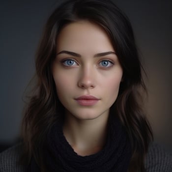 Pensive young woman with dark hair and blue eyes photo