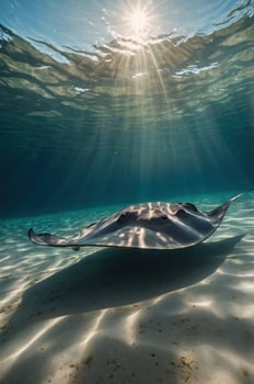 A serene underwater scene featuring a ray gliding through sunlit, clear waters. photo