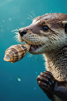 An otter holds a seashell in its mouth, swimming in clear blue water. photo