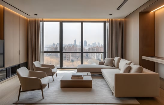 Modern Living Room with City View and White Sofa photo