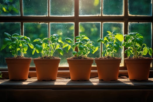 Five terracotta pots with basil plants growing on a window sill photo