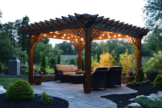 Wooden pergola illuminating patio furniture in a garden at dusk photo