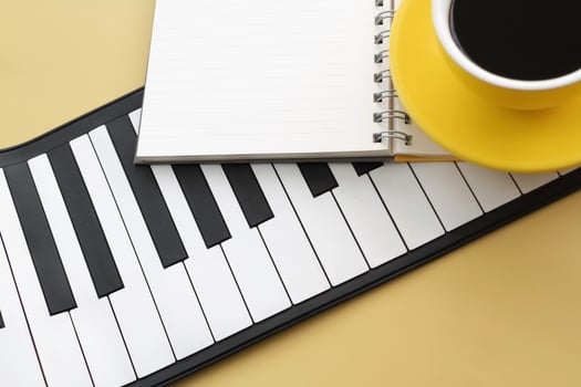 Piano keys put beslde blurred yellow ceramic cup with black coffee and open book photo