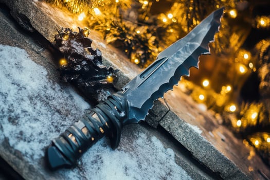 A knife laying on the ground near a christmas tree photo