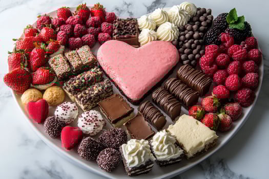Heart-shaped dessert charcuterie board with cakes, chocolates, and berries celebrating valentine's day photo