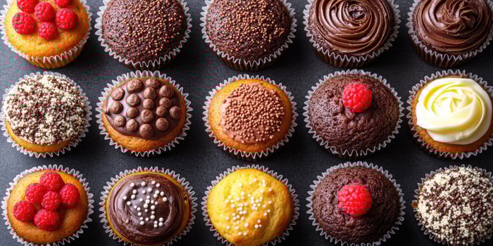 Delicious assorted cupcakes forming a perfect grid on dark background photo